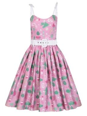 COLLECTIF MAINLINE JADE SUMMER FLAMINGO SWING DRESS